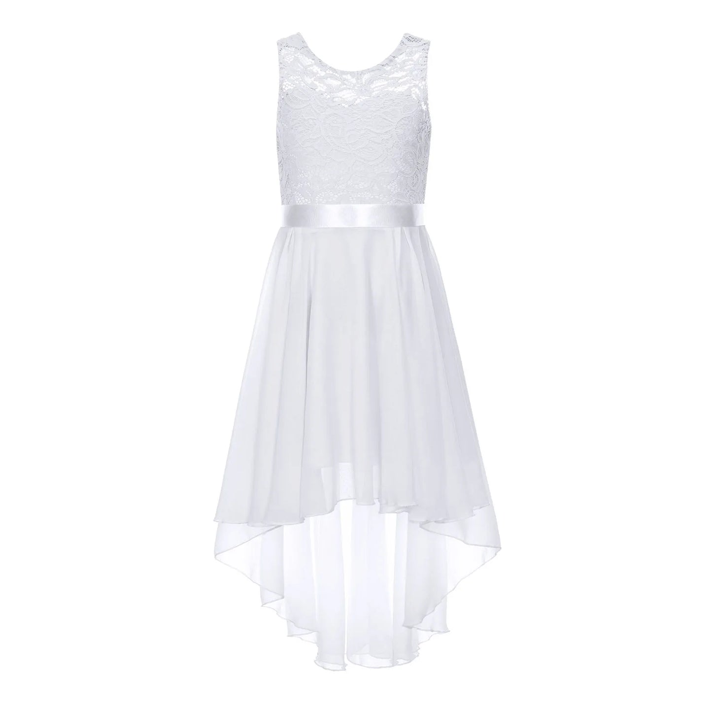 Blumenmädchen-Chiffonkleid mit floraler Spitze, Sommer, ärmellos, hoher, niedriger Saum, formelles Hochzeitskleid für Brautjungfer, Junior, Prinzessin