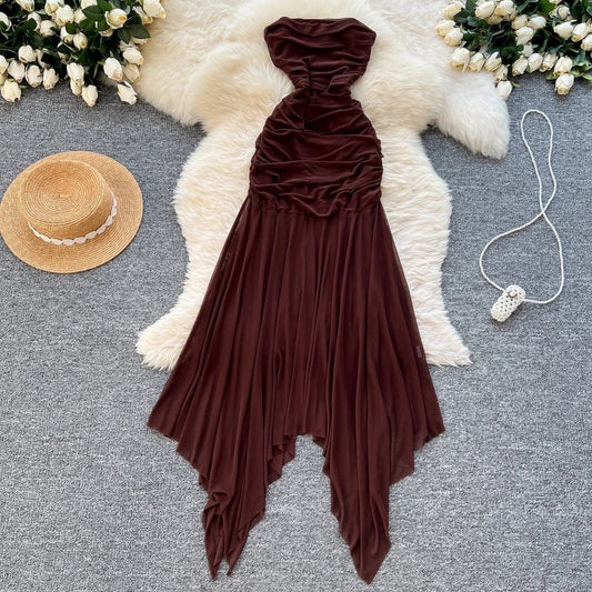 Summer Strapless Asymmetric Tunic Pleated Midi Dress For Women Sleeveless Empire Mesh Dress.