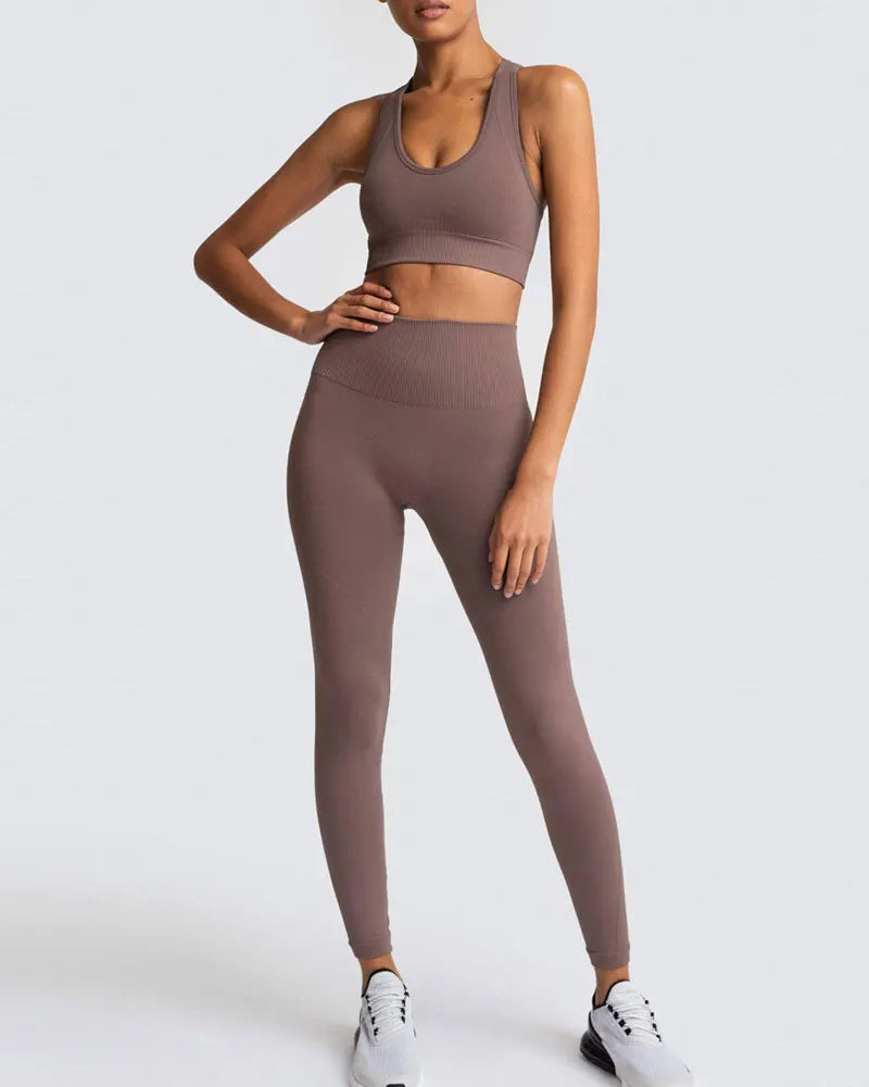 High Waist Elastic Seamless Yoga Wear Women Fitness Clothes Gym Clothing Workout Set Long Sleeve Crop Top Leggings Sports Suit