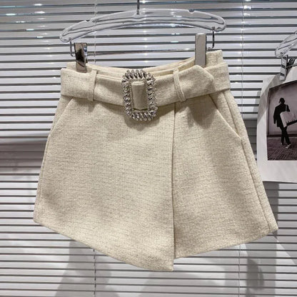 2022 Spring Autumn New shiny sequins Plaid Shorts with Belt for Lady Rhinestone Bright Silk Tweed Folding Short Boots Women.