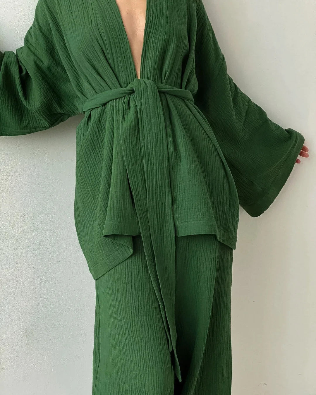 NHKDSASA Kimono Pajamas 2023 New 100% Cotton Crepe Long-Sleeved Trousers Ladies Sleepwear Suit Women's Home Service Mujer