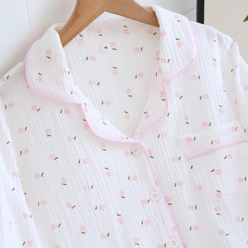 Fdfklak Spring Fall Full Sleeve Homewear Loose 2Pcs Pajama Set 100% Gauze Cotton Casual Print Sleeping Shirt Home Wear Clothes.