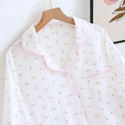 Fdfklak Spring Fall Full Sleeve Homewear Loose 2Pcs Pajama Set 100% Gauze Cotton Casual Print Sleeping Shirt Home Wear Clothes.