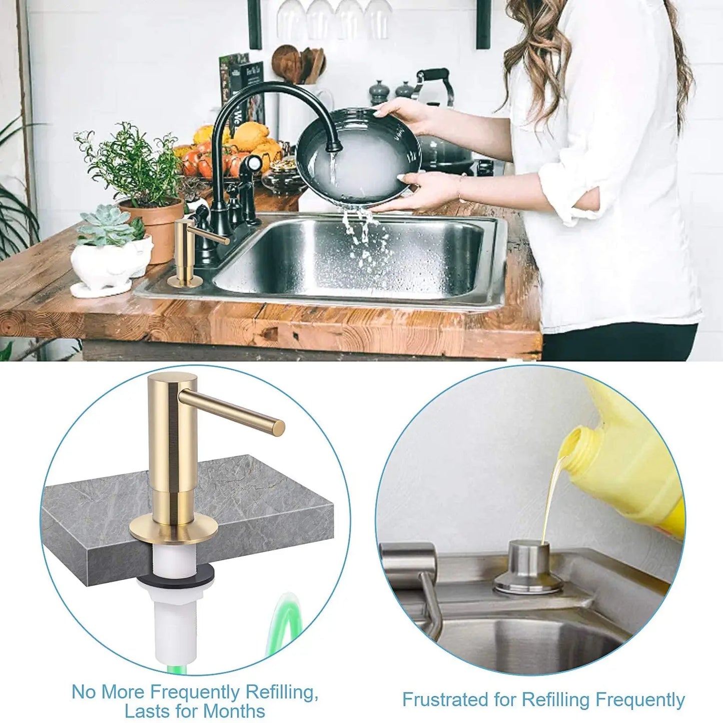 Samodra Messing-Flüssigseifenspender, Verlängerungsrohr-Set für Küchenzubehör, Badezimmer, Metall, eingebaute goldene Waschmittelspender