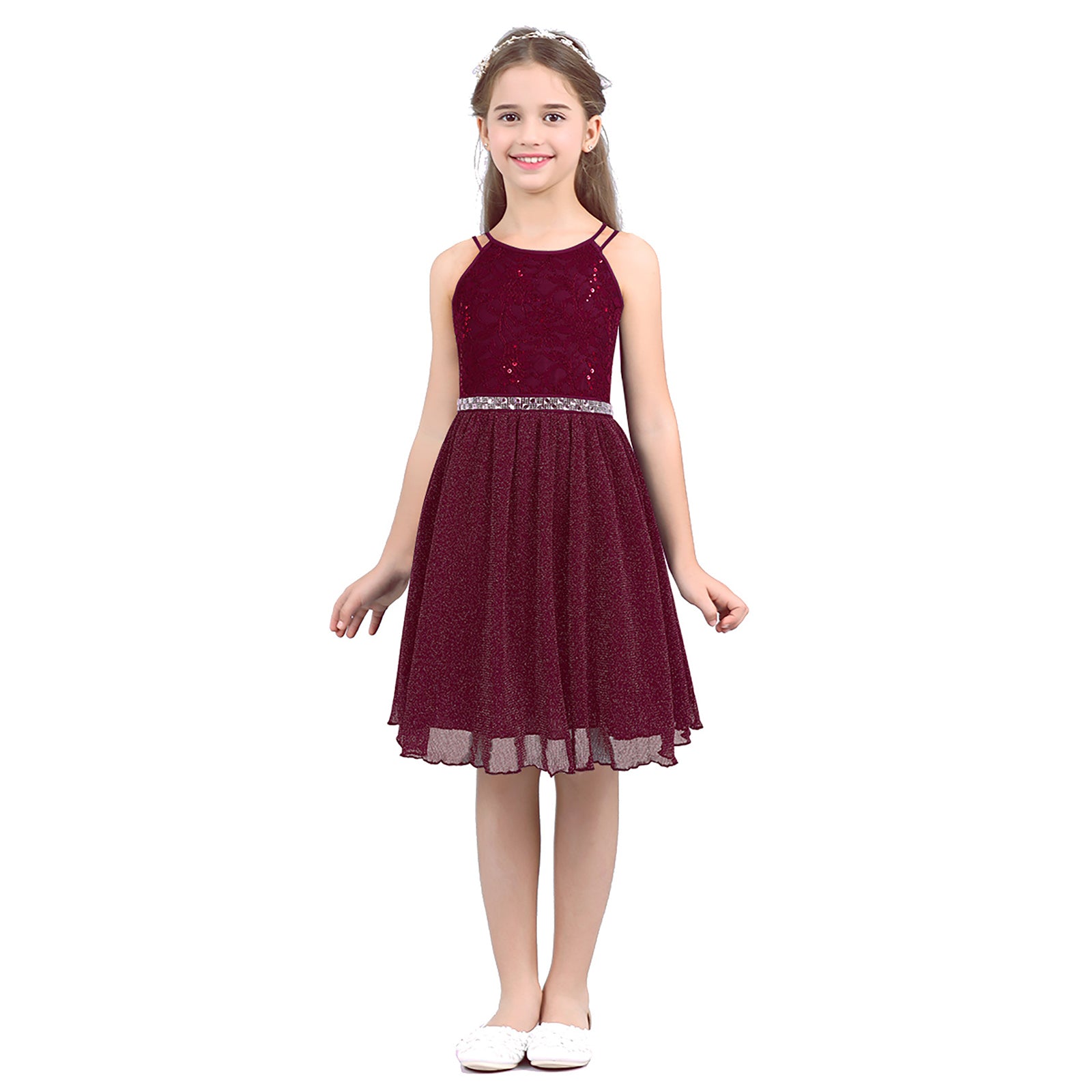 Iiniim Teen Mädchen Ärmellose Pailletten Floral Spitze Glänzenden Kleid Vestido de festa für Hochzeit Formale Geburtstag Party Sommer Kleider.