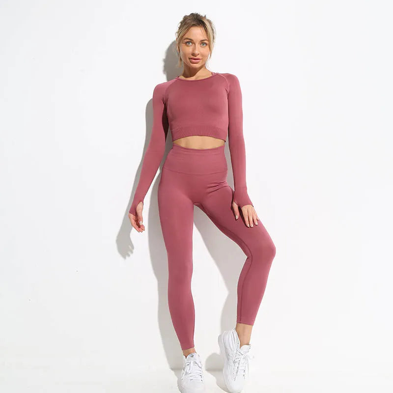 High Waist Elastic Seamless Yoga Wear Women Fitness Clothes Gym Clothing Workout Set Long Sleeve Crop Top Leggings Sports Suit.