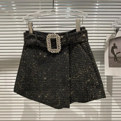 2022 Spring Autumn New shiny sequins Plaid Shorts with Belt for Lady Rhinestone Bright Silk Tweed Folding Short Boots Women