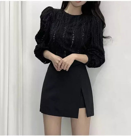 Mini Skirts Women Irregular Solid Side-slit Stretchy Korean Style Trendy Chic OL High Waist Female Bottom Popular Spring Autumn.