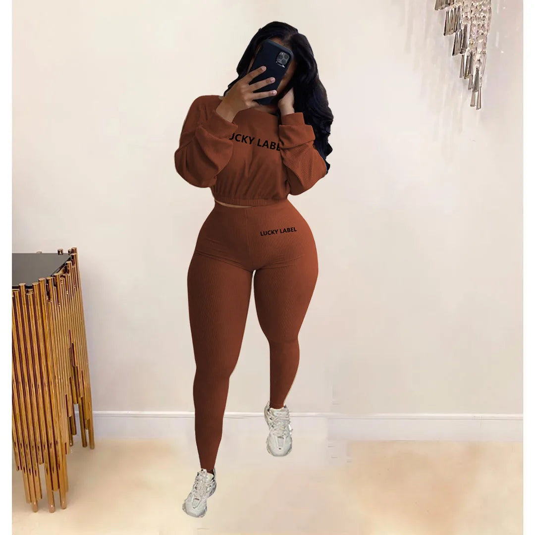 Letter Printed Embroidery Women Two Piece Ribbed Tracksuits Fall Spring Long Sleeve Sweatshirt and Skinny Pants Set.