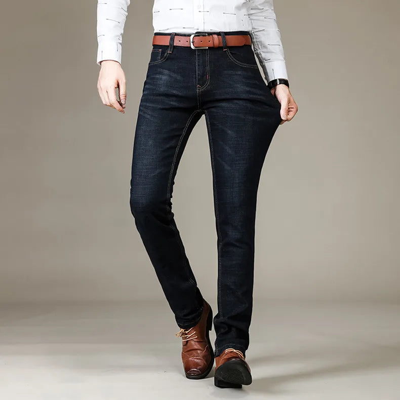 Autumn Classic Men's Fitted Stretch Jeans Business Casual Cotton Denim Straight Leg Pants Male Black Blue Trousers.