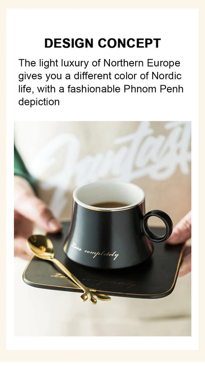 Nordic Ins Ceramic Mug Soy Milk Breakfast Condensed Coffee Tea Cup And Saucer Sets Gold Spoon Mugs Fashion Restaurant Snack Cups.