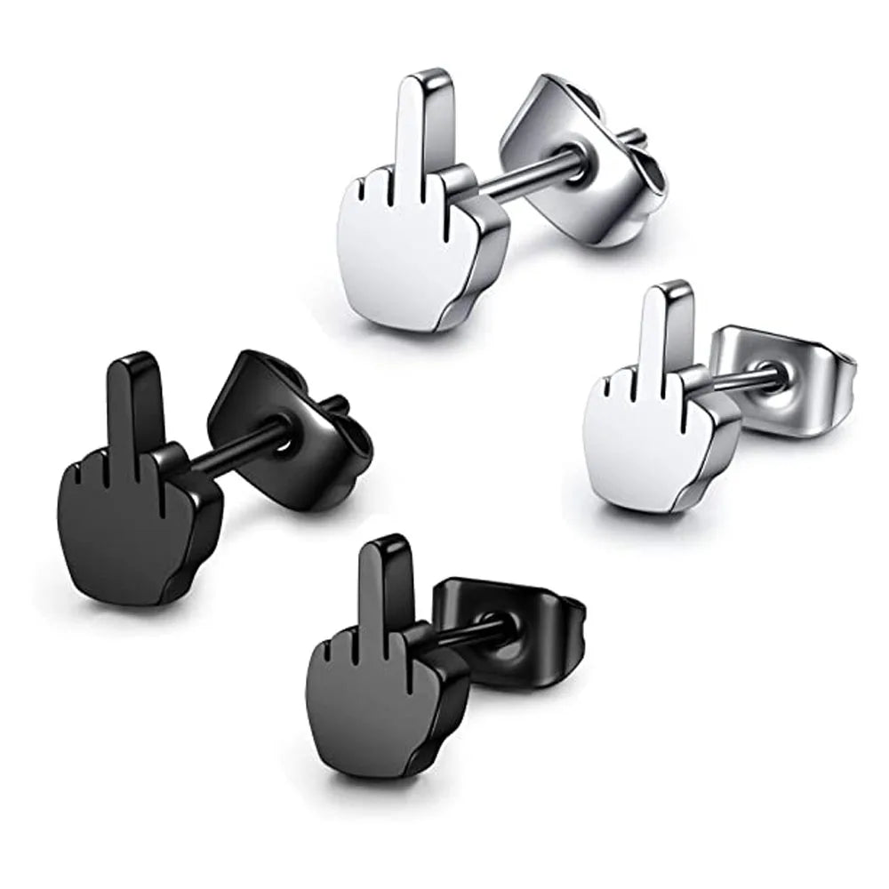 2Pcs Stainless Steel Black Middle Finger Up Women Men Ear Jewelry Studs Earring Punk Cool Gold Silver Plated.