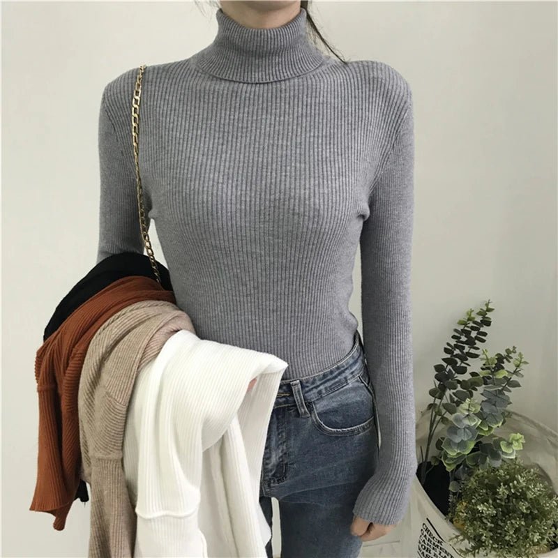 2025 herbst Winter Dicken Pullover Frauen Gestrickte Rippen Pullover Pullover Langarm Rollkragen Schlank Jumper Weiche Warme Pull Femme | H&D Shop