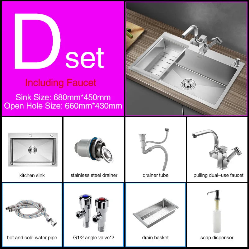 Kitchen sink lead-free austenitic handmade brushed 304 stainless steel 3mm thickness single bowl kitchen sink