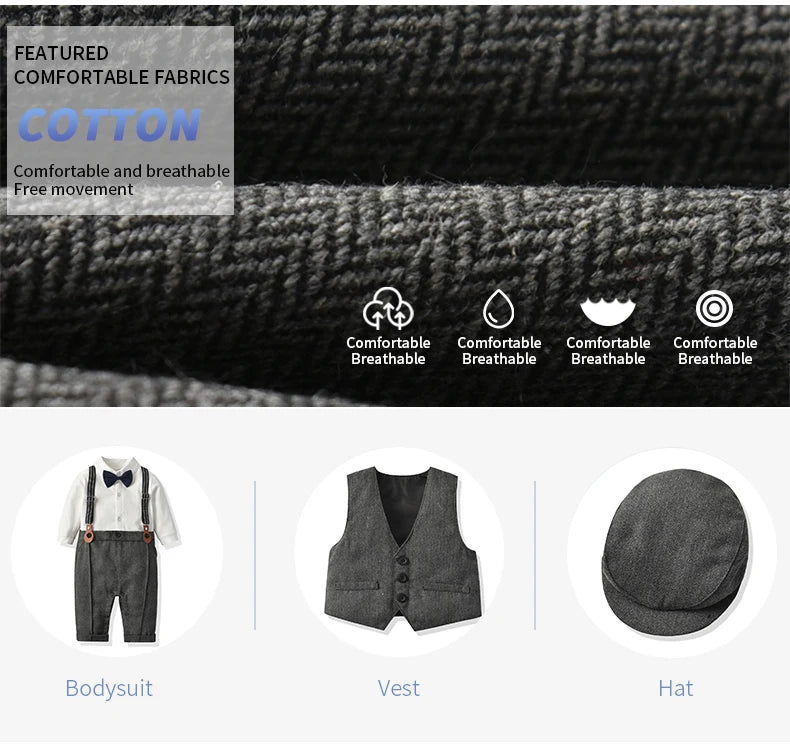 Newborn Boy Formal Clothes Set Infant Boy Gentleman Birthday Romper Outfit With Hat Vest Long Sleeve Infant Jumpsuit Suit Formal.