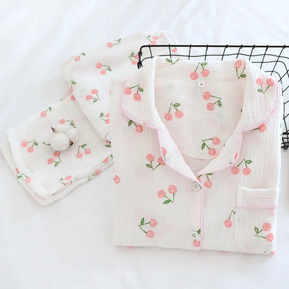 Fdfklak Spring Fall Full Sleeve Homewear Loose 2Pcs Pajama Set 100% Gauze Cotton Casual Print Sleeping Shirt Home Wear Clothes.