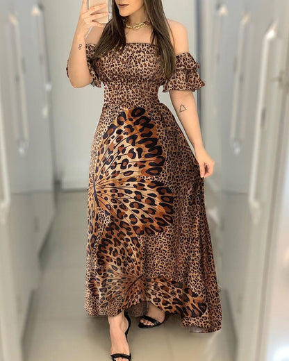 Boho Leopard Kleid Frauen Weg Schulter Rüschen Hülse Sommer Kleid Sexy Strappy Slash neck Vestido Lange Sommerkleid Party Kleider.
