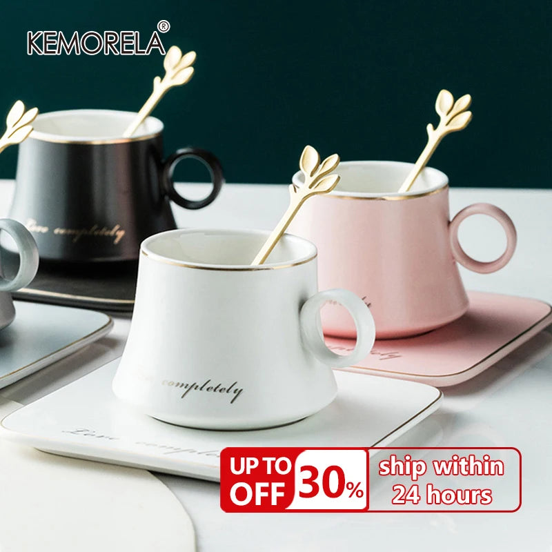 Nordic Ins Ceramic Mug Soy Milk Breakfast Condensed Coffee Tea Cup And Saucer Sets Gold Spoon Mugs Fashion Restaurant Snack Cups.