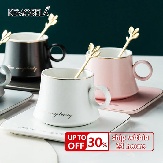 Nordic Ins Ceramic Mug Soy Milk Breakfast Condensed Coffee Tea Cup And Saucer Sets Gold Spoon Mugs Fashion Restaurant Snack Cups.
