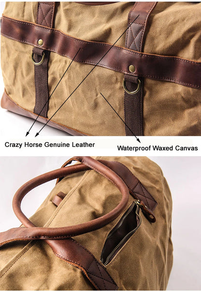Wasserdichte gewachste Canvas Leder Herren Reisetasche Handgepäcktasche Handgepäck Große Tragetasche Vintage Herren Duffle Wochenendtasche große Übernachtung