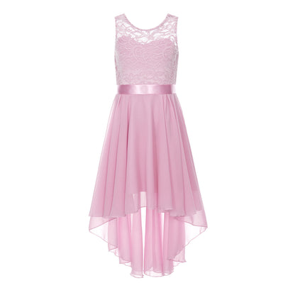 Blumenmädchen-Chiffonkleid mit floraler Spitze, Sommer, ärmellos, hoher, niedriger Saum, formelles Hochzeitskleid für Brautjungfer, Junior, Prinzessin.