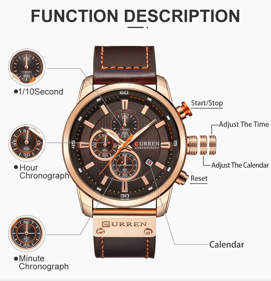 CURREN Brand Watch Men Leather Sports Watches Men's Army Military Quartz Wristwatch Chronograph Male Clock Relogio Masculino.