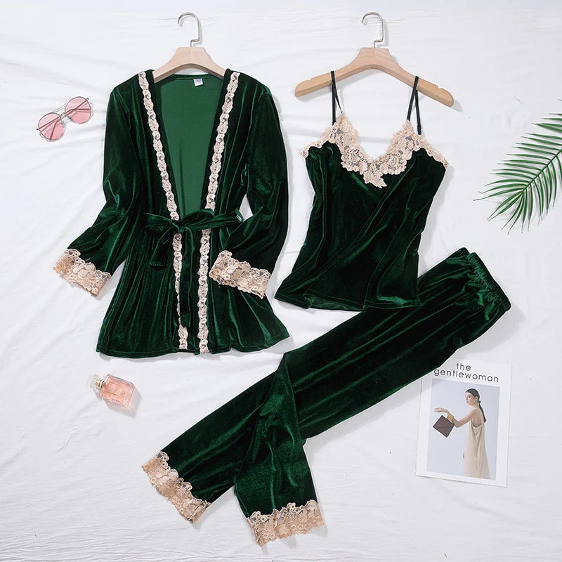 Green Velour Pajama Suit Women 2PCS Robe Nightgown Set Sleepwear Lady Winter Velvet Warm Lace Folwer Kimono Bathrobe Gown M-XL.