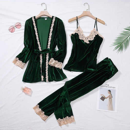 Green Velour Pajama Suit Women 2PCS Robe Nightgown Set Sleepwear Lady Winter Velvet Warm Lace Folwer Kimono Bathrobe Gown M-XL.