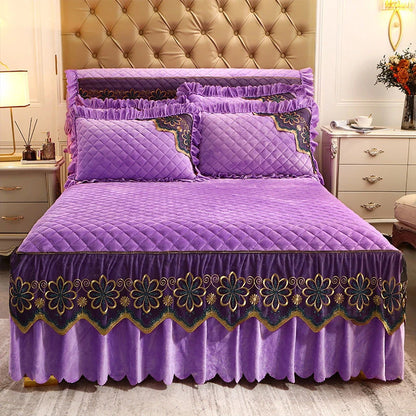 European Luxury Quilted Bed Skirt Winter Warm Thicken Velvet Bedspread King Good Hand Feeling Bed Skirt Not Included Pillowcase