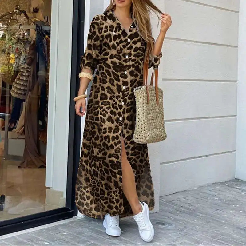 ZANZEA Party Vintage Leopard Robe Frauen 2025, Herbst Casual Langarm Maxi Lange Vestidos Kleid Mode Übergroßen Hemd Sommerkleid.
