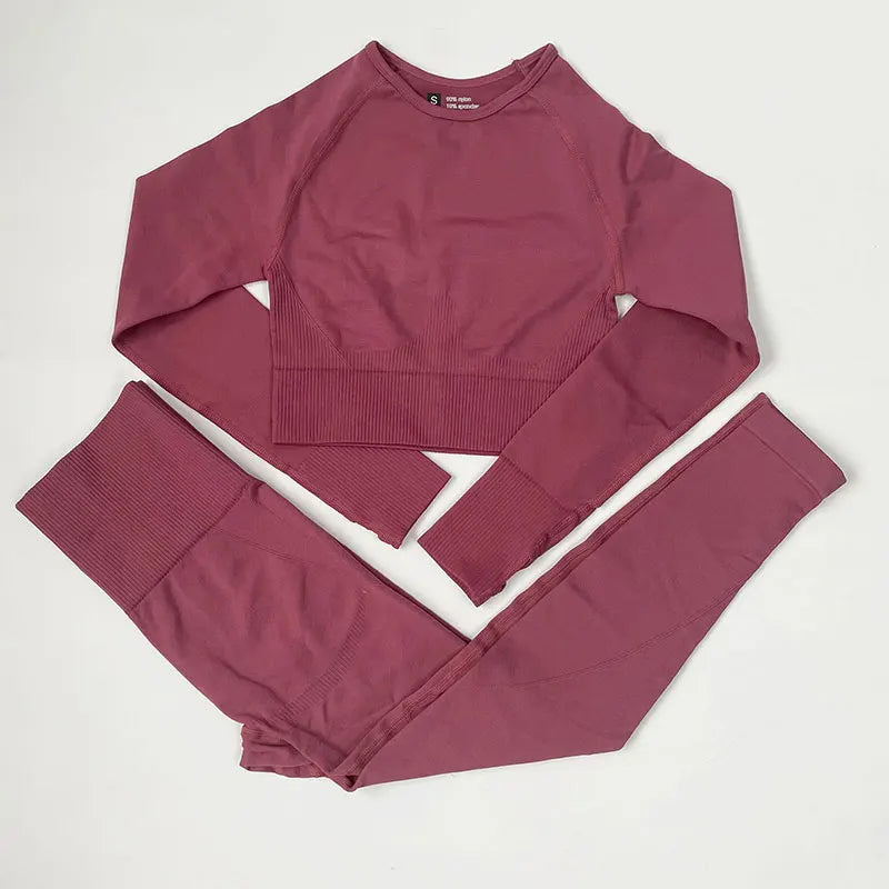 High Waist Elastic Seamless Yoga Wear Women Fitness Clothes Gym Clothing Workout Set Long Sleeve Crop Top Leggings Sports Suit