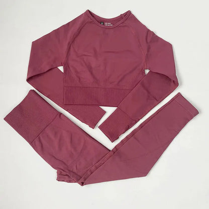 High Waist Elastic Seamless Yoga Wear Women Fitness Clothes Gym Clothing Workout Set Long Sleeve Crop Top Leggings Sports Suit