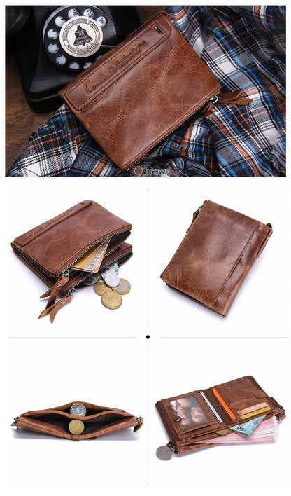 Fashion Genuine Leather Women Wallet Bi-fold Wallets Red ID Card Holder Coin Purse With Double Zipper Small Women's Purse 2022