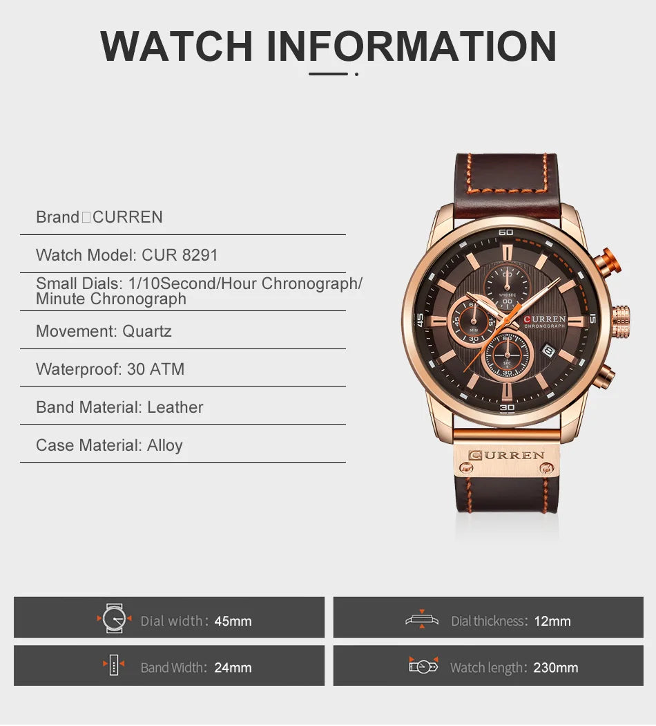 CURREN Brand Watch Men Leather Sports Watches Men's Army Military Quartz Wristwatch Chronograph Male Clock Relogio Masculino.