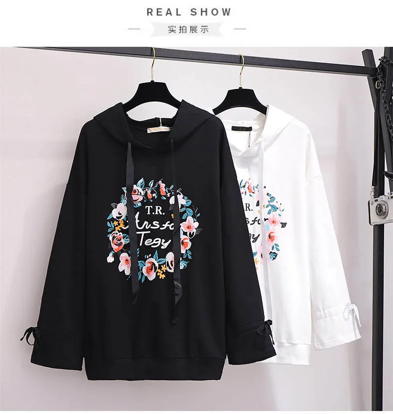 150Kg Plus Größe frauen Frühling Herbst Mit Kapuze Gedruckt Sweatshirt Büste 155cm 6XL 7XL 8XL 9XL 10XL Lange-ärmeln Top Schwarz Weiß.