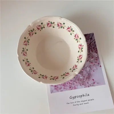 Ceramic Plate French Style Retro Floral Reliefs Food Plate Yogurt Salad Bowl Dessert Plate Dish Dinner Wedding Set Dinner Plates.