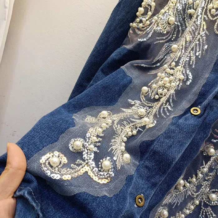 CS0582 New 2025 European Spring Fashion Lace Beading Patch Vintage Jeans Blouse Long Sleeve Denim Women's Shirt Tops Wholesale.