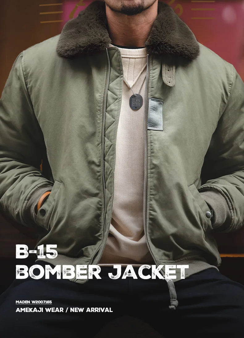 Maden Vintage B15 Bomber Jacket for Men Faux Rabbit Fur Lapel Signature Arm Pocket Winter Thickened Warm Windproof Coat Parkas.