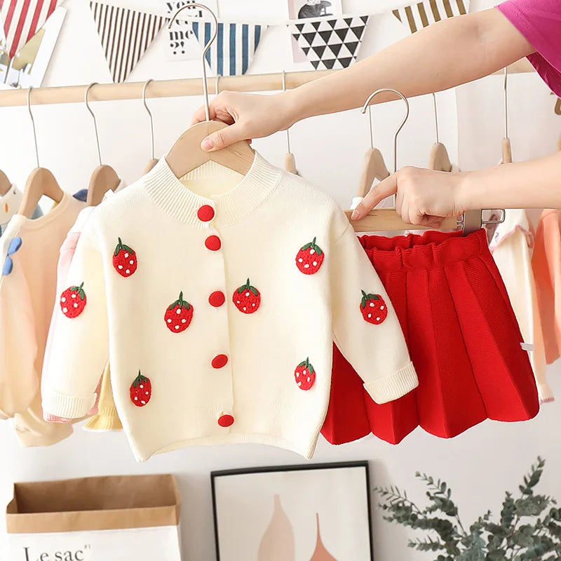 Girls long sleeve knitting suit 2025 Christmas autumn winter new girls sweater cardigan knitting Top + skirt two piece set.