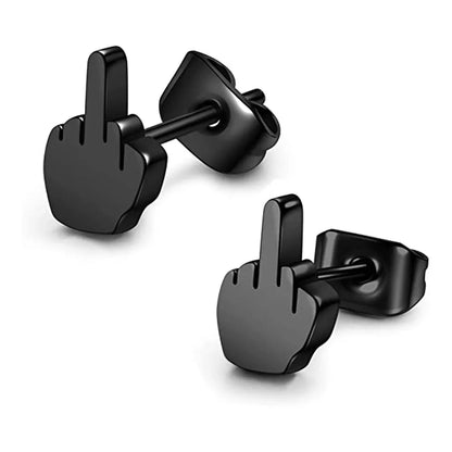 2Pcs Stainless Steel Black Middle Finger Up Women Men Ear Jewelry Studs Earring Punk Cool Gold Silver Plated.