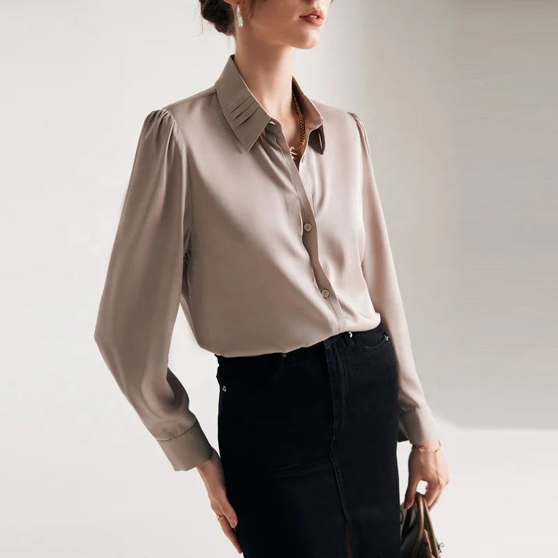 Birdtree 19Mm 90% Silk 10% Spandex Dress Shirts Women Turn Down Collars Pleated Tops Long Sleeve Office Blouses Autumn T36521JM.