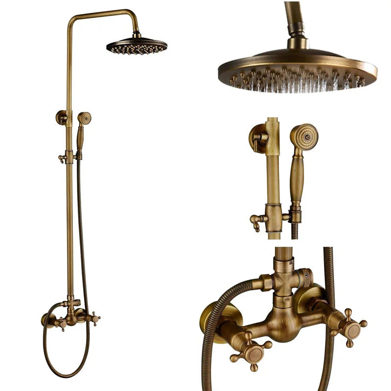 POIQIHY Antique Shower Set Wall Bathroom Bath Shower Faucet Rainfall Brass Swivel Spout Mixer Tap Sliding Bar Shower System