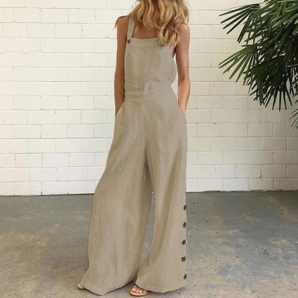 Women Jumpsuit Summer Sleeveless Solid Color Wide Leg Pockets Loose Strappy Playsuit Overall Wide Leg Pockets mono mujer verano.