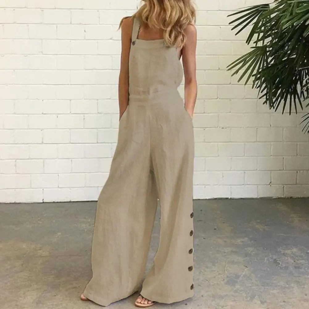 Women Jumpsuit Summer Sleeveless Solid Color Wide Leg Pockets Loose Strappy Playsuit Overall Wide Leg Pockets mono mujer verano.