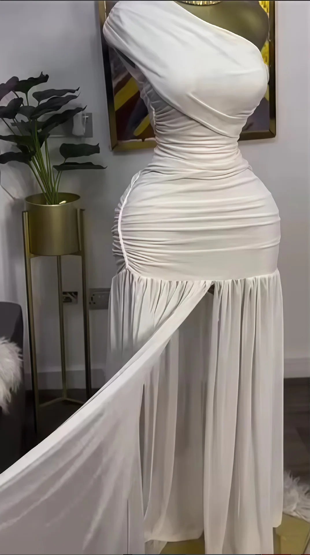 Women's 2025 Spring New Solid Color Sleeveless Slant Neck Pleated Slim Split Long Dresses.