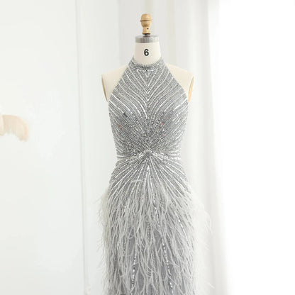 Luxury Beaded Feathers Mermaid Silver Gray Evening Dress Halter Backless Blue Beige Arabic Formal Party Gown SZ006.