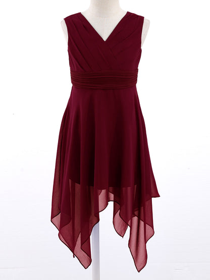 Blumenmädchen-Chiffonkleid mit floraler Spitze, Sommer, ärmellos, hoher, niedriger Saum, formelles Hochzeitskleid für Brautjungfer, Junior, Prinzessin