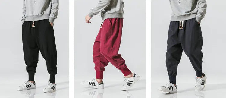 Cotton Linen Harem Pants Men Solid Elastic Waist Streetwear Joggers New Baggy Drop-crotch Pants Casual Trousers Men.