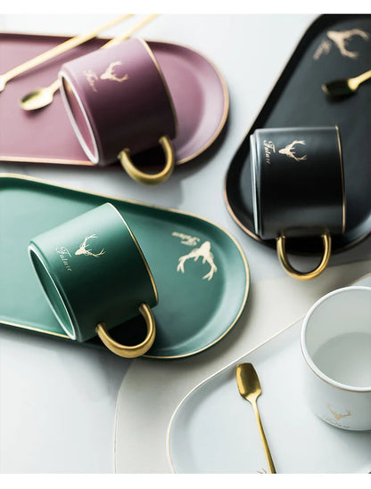 European Luxurious Gold Rim Ceramics Coffee Cups And Saucers Spoon Sets With Gift Box Tea Soy Milk Breakfast Mugs Dessert Plate