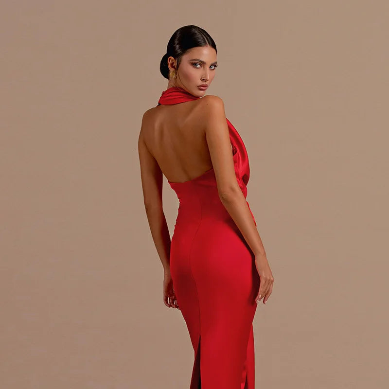 Sexy Swinging Collar Backless Pleated Long Dress Women Red Stain Sleeveless Draped Design Long Dress Club Party Women Maxi Dress.